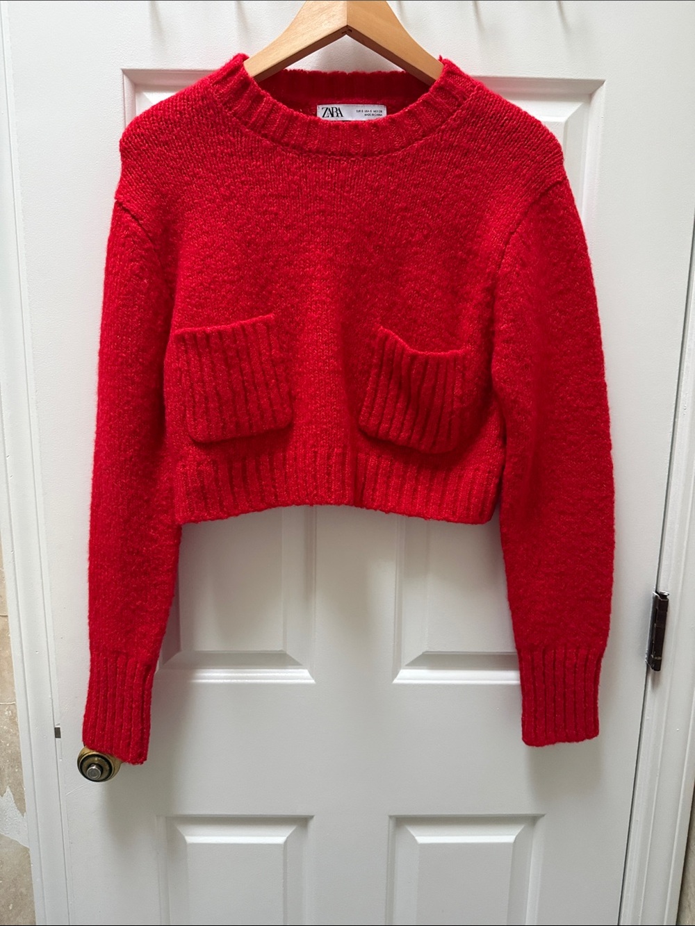 ZARA Bright Red Cropped Crewneck Sweater with Front Pockets